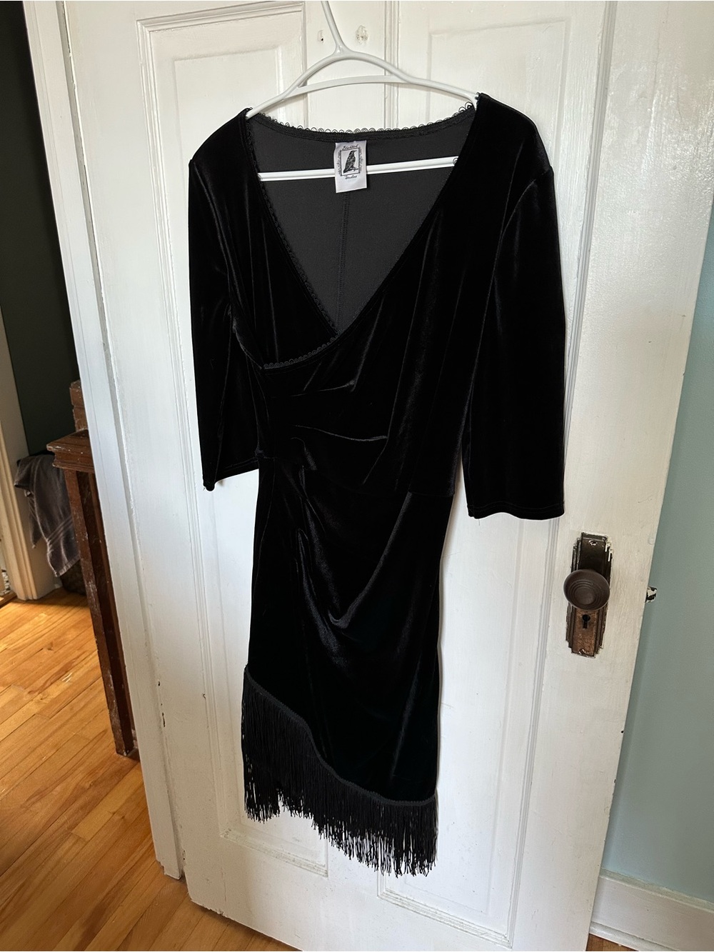 Made in Hamilton - Black Velvet Fringe Wrap Dress, Long Sleeve